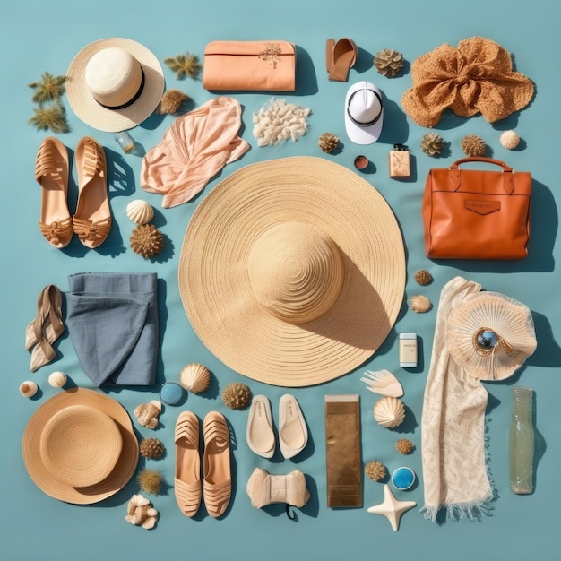 Niebieskie tło z kapeluszem, okularami przeciwsłonecznymi, torbą, kapeluszem i innymi przedmiotami, w tym torbą plażową.