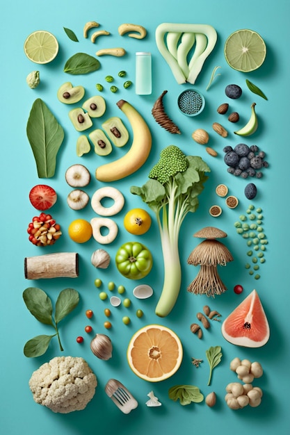Zdjęcie niebieskie tło z owocami i warzywami, w tym brokułami, jagodami i bananem.