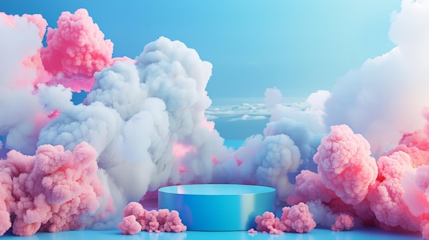 Niebieskie tło z podium produktem otoczonym niebieskie różowe chmury