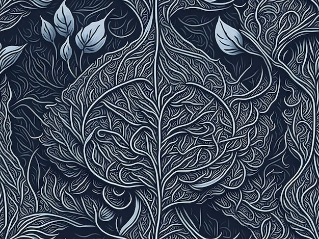 Niebieskie tło z wzorem liści i gałęzi.