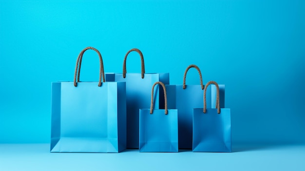 Niebieskie torby na zakupy na niebieskim tle Wygenerowano sztuczną inteligencję