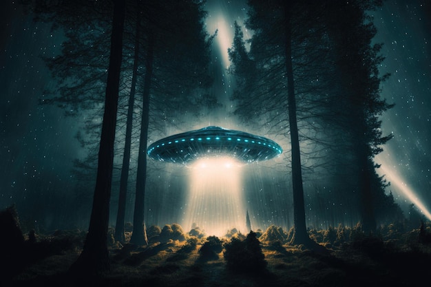 Niebieskie ufo w ciemnym lesie z wiązką światła.