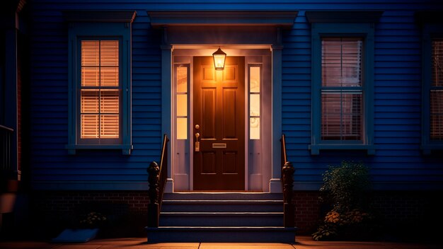 Niebieskie wejście do uroczego mieszkania w nocy Generacyjna AI