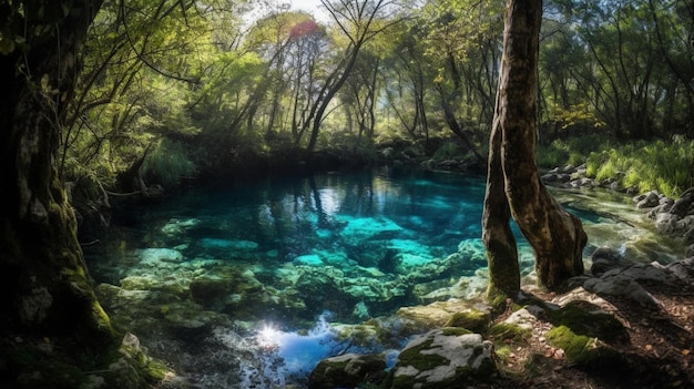Niebieskie wiosenne jezioro w lesie z drzewami i niebieskim jeziorem