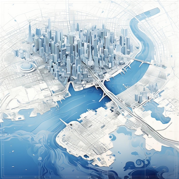 Niebiesko-biała ilustracja miasta w pobliżu wody
