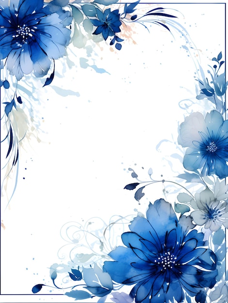 Zdjęcie niebiesko-biała krawędź kwiatów na białym tle abstrakt indigo florals tło