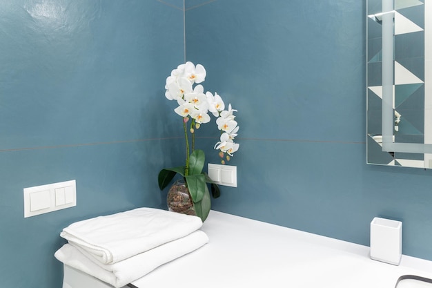 Niebiesko-biała łazienka z dużym lustrem, oświetleniem ręczników i umywalką na blacie