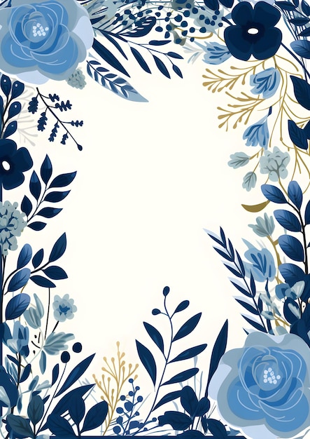 niebiesko-biała ramka kwiatowa z niebieskimi kwiatami Abstrakcyjne tło liści indygo z negatywem