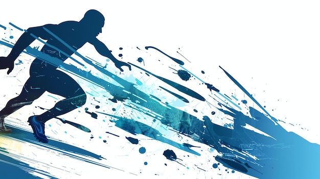 Zdjęcie niebiesko-białe abstrakcyjne tło z sylwetką biegacza biegacz jest w środku z wyciągniętymi ramionami