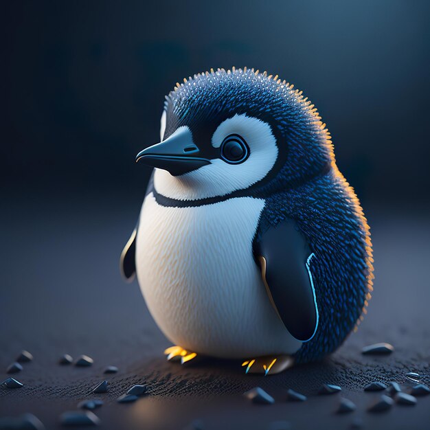 Niebiesko-biały pingwin z czarną twarzą i niebieskimi oczami stoi na ciemnej powierzchni.
