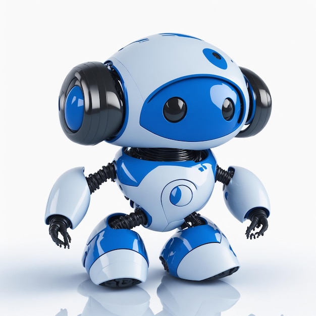 Niebiesko-biały robot z czarną głową i uszami, które mówią „