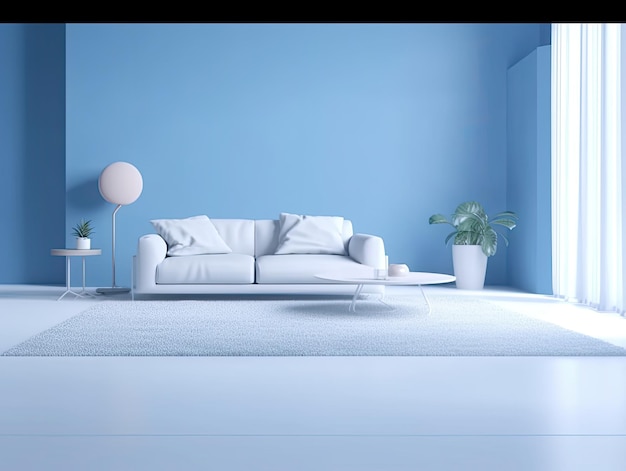 niebiesko-biały salon z lampą i sofą