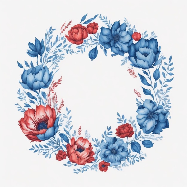 Niebiesko-czerwona akwarela z kwiatami Okrągły kształt kwiatów generowany przez AI