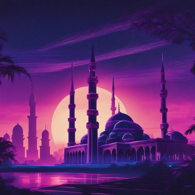 Niebiesko-fioletowy islamski plakat z meczetem w środku