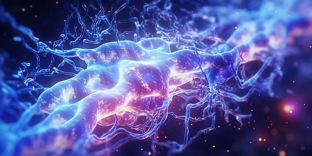 Niebiesko-fioletowy obraz mózgu ze słowem neuron po lewej stronie.