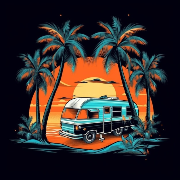 Zdjęcie niebiesko-pomarańczowa furgonetka zaparkowana na plaży z palmami generatywnymi ai