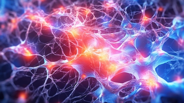 Niebiesko-różowy obraz przedstawiający mózg ze słowem neuron