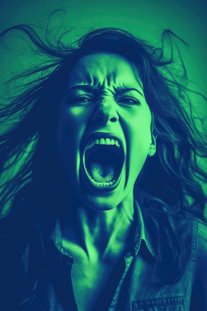 niebiesko-zielony, dwutonowy obraz krzyczącej kobiety