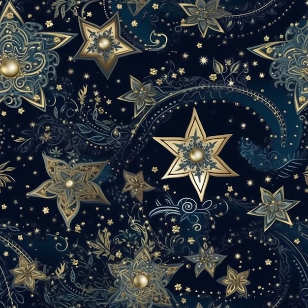 Niebiesko-złota gwiazda i wirujący wzór z generatywnymi gwiazdami ai