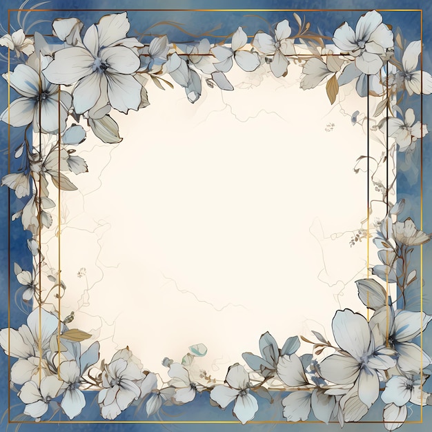 niebiesko-złota ramka na zdjęcia z kwiatami i miejscem na tekst.