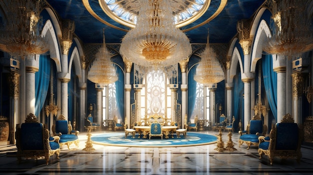 Niebiesko-złoty pałac z żyrandolem i żyrandolem.