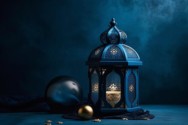 Niebiesko-złoty plakat Eid i Ramadan z generatywną sztuczną inteligencją meczetu
