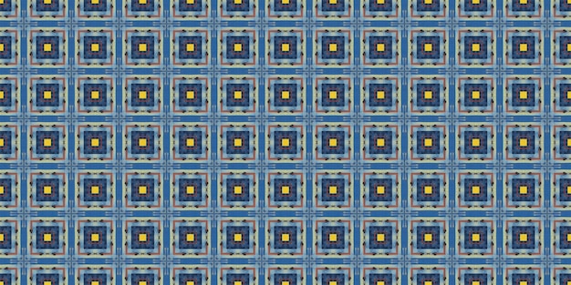 niebiesko-żółty wzór z kwadratami i żółtym kwiatkiem.