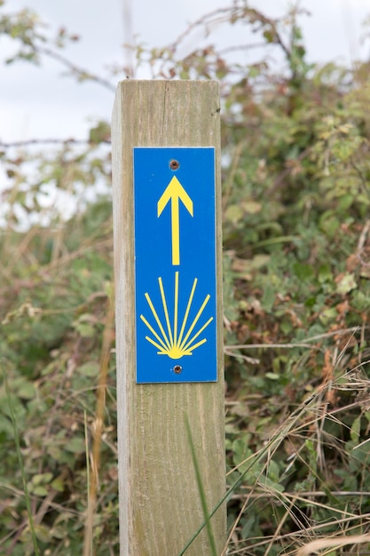 Zdjęcie niebiesko-żółty znak camino santiago way arrow, kantabria, hiszpania