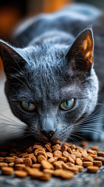 Niebieskooki kot cieszy się posiłkiem z suchego pokarmu