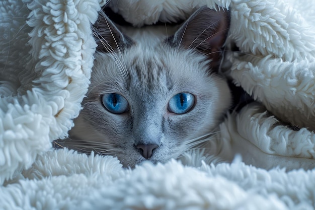 Niebieskookiego kota syjamskiego wyglądającego z przytulnego białego kocyka Uroczy zwierzę z bliska Wnętrze Domowe