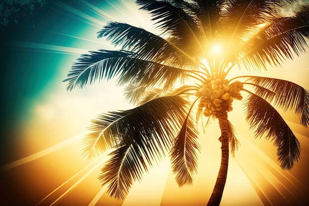 niebo i słońce na drzewie kokosowym