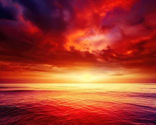 Niebo o zachodzie słońca z odbiciem w wodzie światła słonecznego i kolorowymi pomarańczowymi chmurami