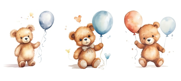 Niebo słodkie młode niedźwiadek z balonem akwarela ai generowane podróż dziecko dzieciak postać rysunek latać niebo słodkie młode niedźwiadek z balonem akwarela ilustracja