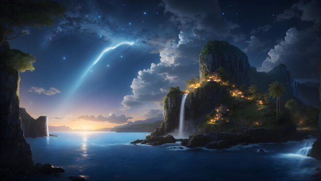 Niebo z majestatyczną wyspą i potężnym wodospadem oświetlonym światłem księżyca
