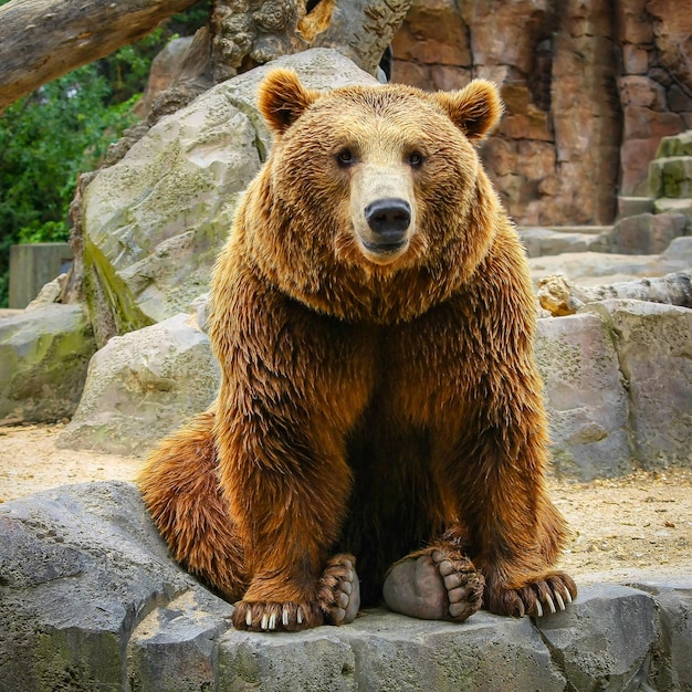 Niedźwiedź brunatny grizzly siedzący na skałach