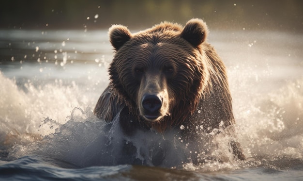 Niedźwiedź brunatny przepływa przez rzekę, a słońce świeci mu na twarz.