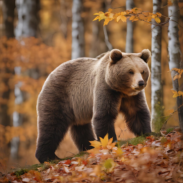 Niedźwiedź chodzi po lesie jesienią.