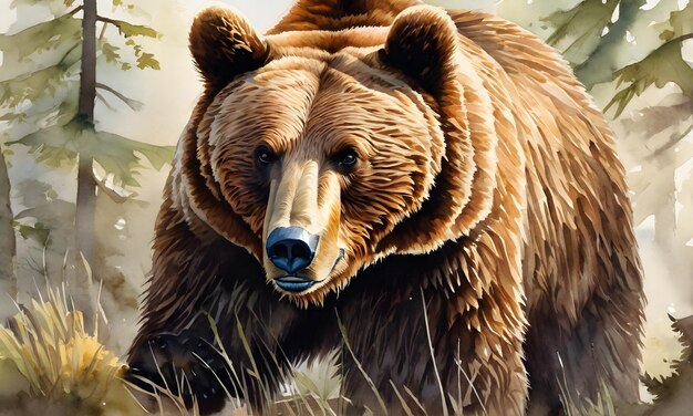 Zdjęcie niedźwiedź grizzly akwarel malarstwo zwierząt ilustracja wild pocztówka karta podarunkowa sztuka ścienna