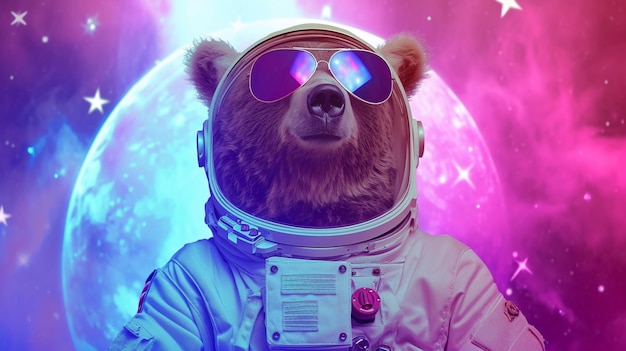 niedźwiedź grizzly ubrany w kostium astronauta z okularami przeciwsłonecznymi Magical Galaxy Star tło Generative Ai