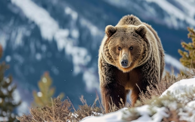 niedźwiedź grizzly z grubym futrem na tle śnieżnego krajobrazu