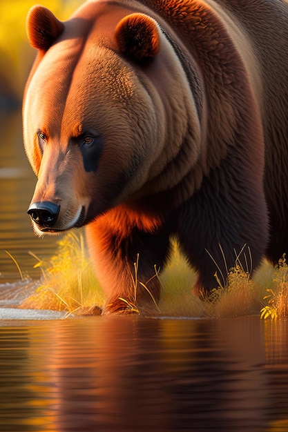 Niedźwiedź idzie przez rzekę ze złotą poświatą na twarzy.