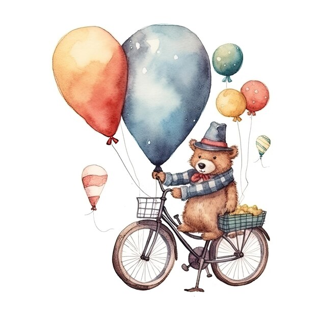 Niedźwiedź jadący na rowerze z balonami i kapeluszem.