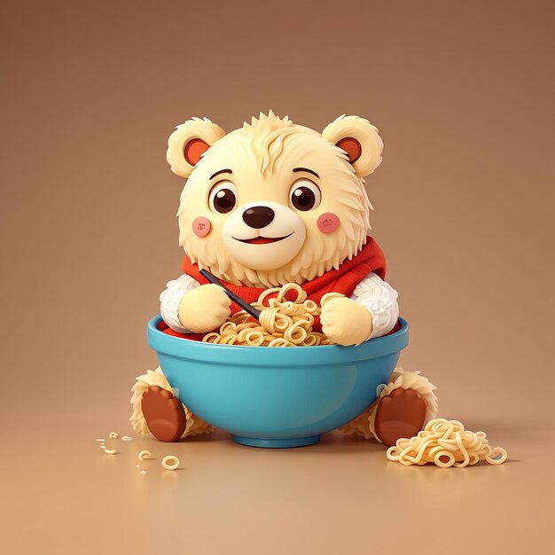 Niedźwiedź jedzący makaron z ramenem ilustracja ikony wektorowej ikona pokarmu zwierzęcego koncepcja izolowana