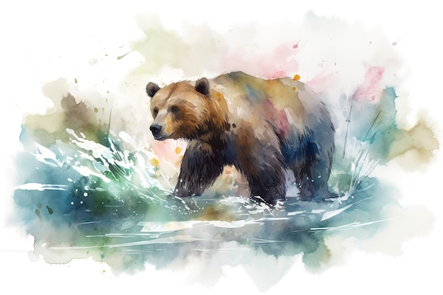 Zdjęcie niedźwiedź łowiący w rzece akwarela maluje piękne naturalne formy ostre czyste kształty kolorowe białe tło generują ai