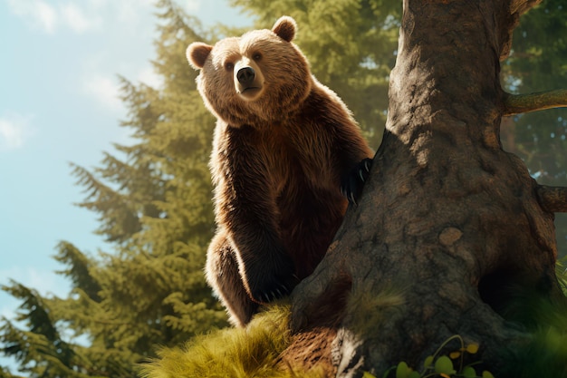 Zdjęcie niedźwiedź na drzewie w środku lasu wygenerowany przez sztuczną inteligencję