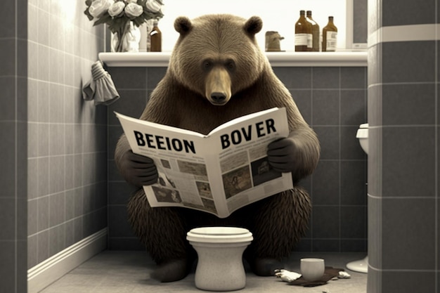 Niedźwiedź na toalecie czyta gazetę
