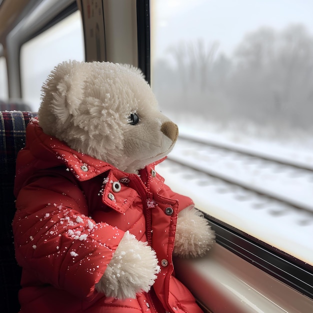 Niedźwiedź noszący czerwony płaszcz siedzący na siedzeniu pociągu obok okna ze śniegiem na nim