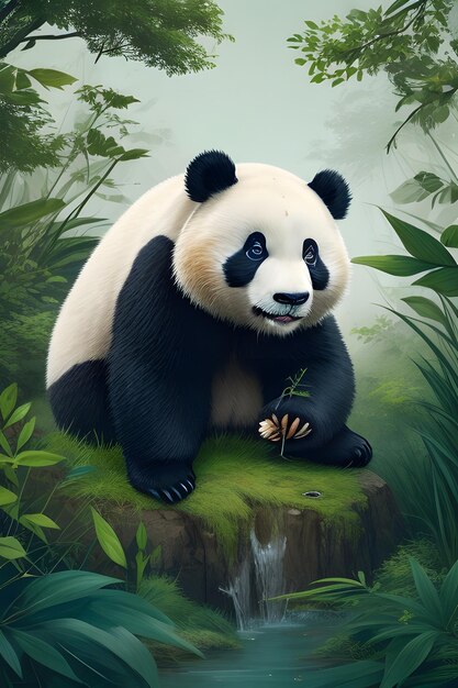 Niedźwiedź Panda odpoczywa w dżungli, generując sztuczną inteligencję w spokojnym widoku