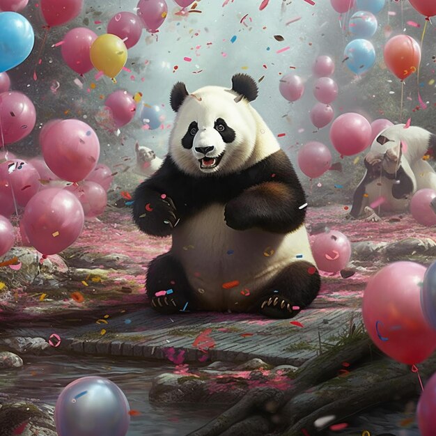Niedźwiedź panda siedzący na drewnie otoczony balonami i konfetami