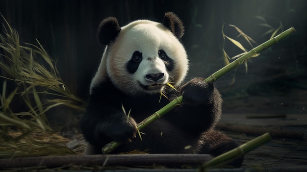 Niedźwiedź panda trzymający laskę z bambusa w ciemnym tyłku